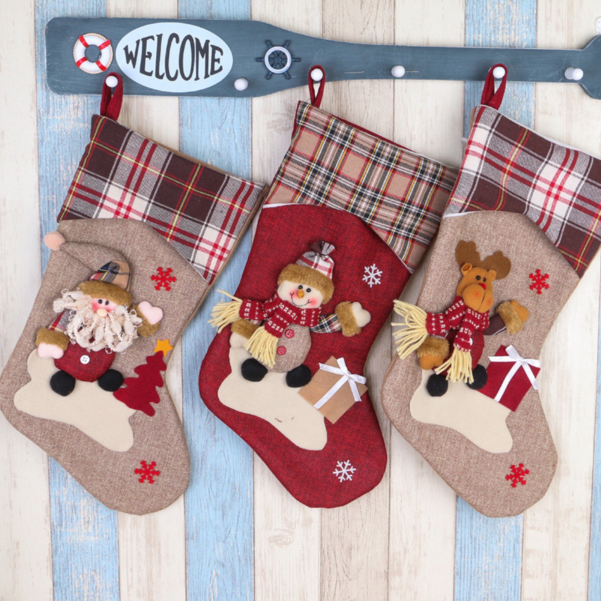 Set of 3 Christmas Stockings Big Size 3 Pcs 18" Classic Santa Snowman Reindeer Xmas Character Decoration socks gift bags stockings Holder