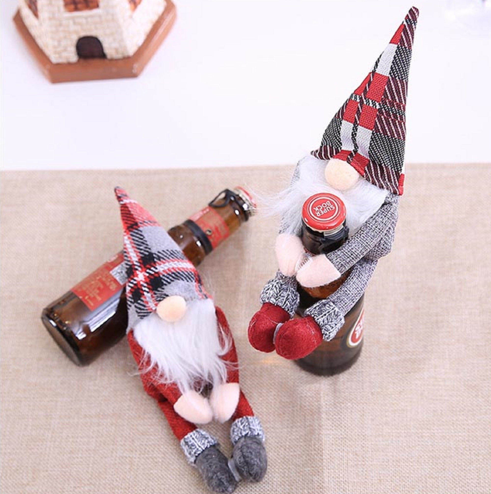 Two pcs Christmas Gnomes Wine Bottle Cover Santa - Handmade Swedish Tomte Plush Gnomes Bottle Toppers - Holiday Christmas Decorations
