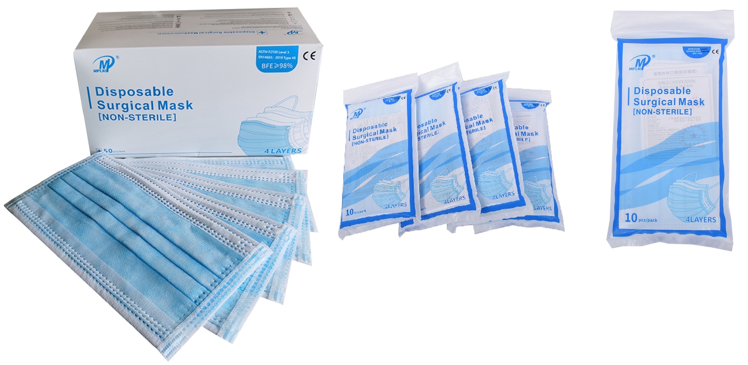 MIPLNI 50 PCS 4 Ply Disposable Medical Surgical Mask 4 layer BFE≥ 98% Level 3 4ply CE certified