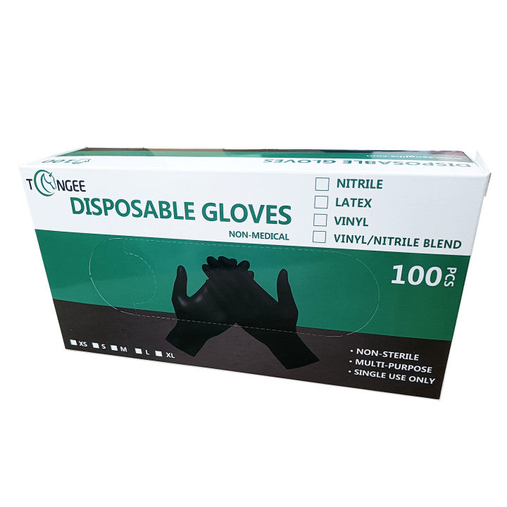 100 Pcs ( 1 box ) Disposable Gloves Synthetic Vinyl / Nitrile Blended Non-Med | Powder Free | Latex Free | Black Color Gloves