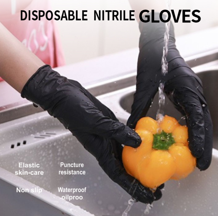 100 Pcs ( 1 box ) Disposable Gloves Synthetic Vinyl / Nitrile Blended Non-Med | Powder Free | Latex Free | Black Color Gloves