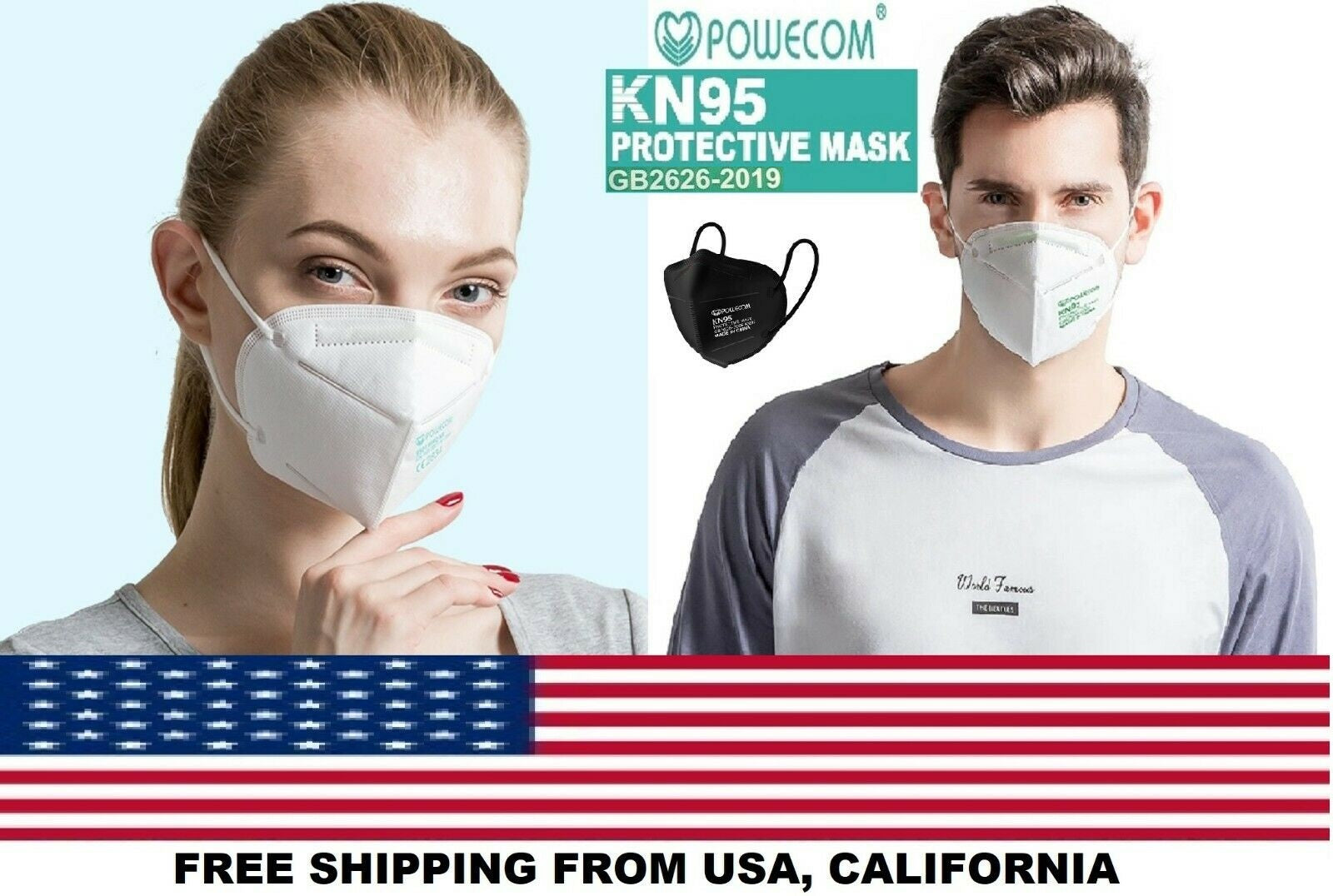 Powecom KN95 Protective Respirator Ear Loop Face Mask Standard GB2626-2019 EXP 2026