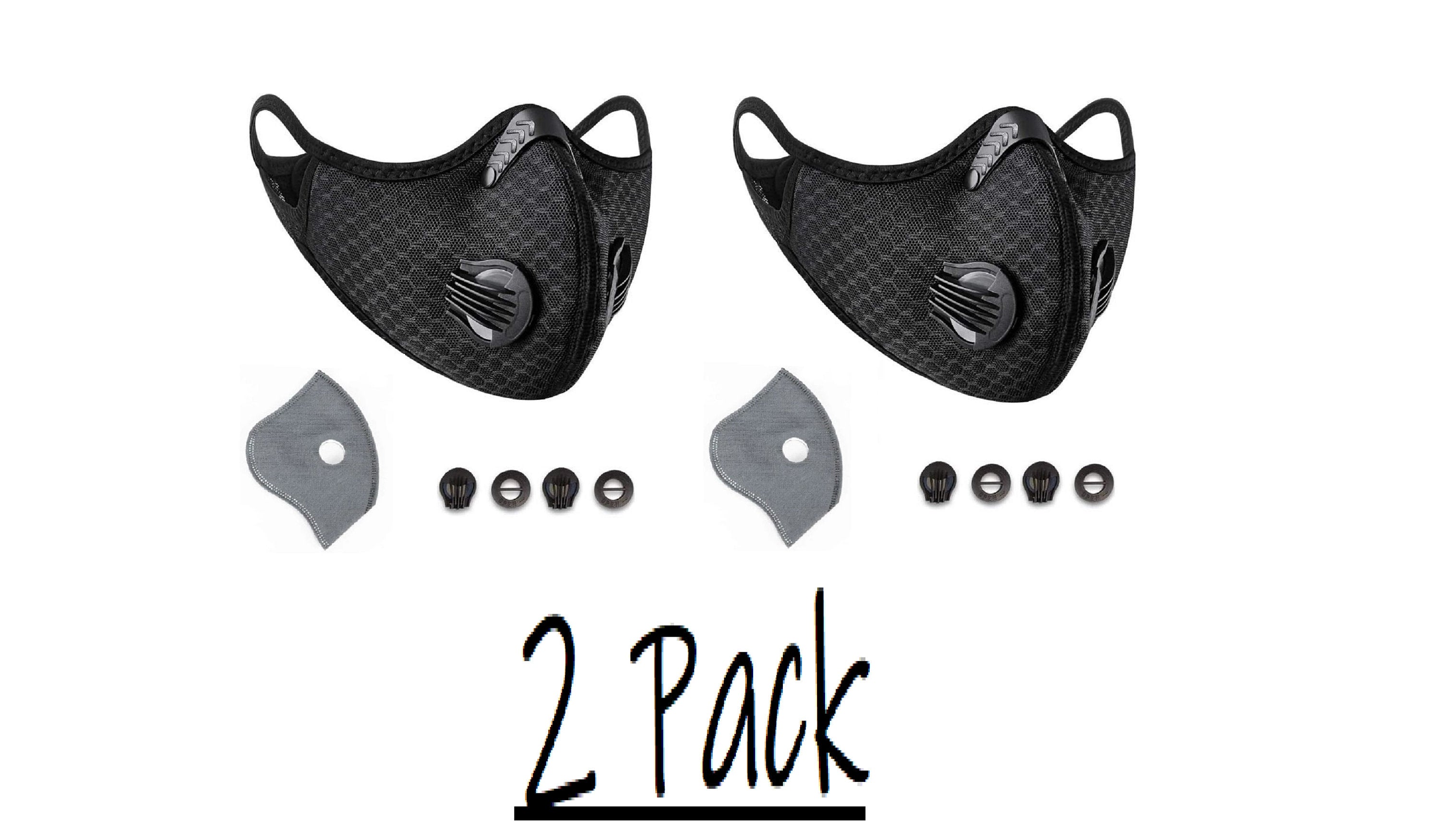 2 Pack - Dual Air Valve Cycling Sport Face Mask Cover PM2.5 Carbon Filter - Reusable & Washable - Black - Shipping from U.S.