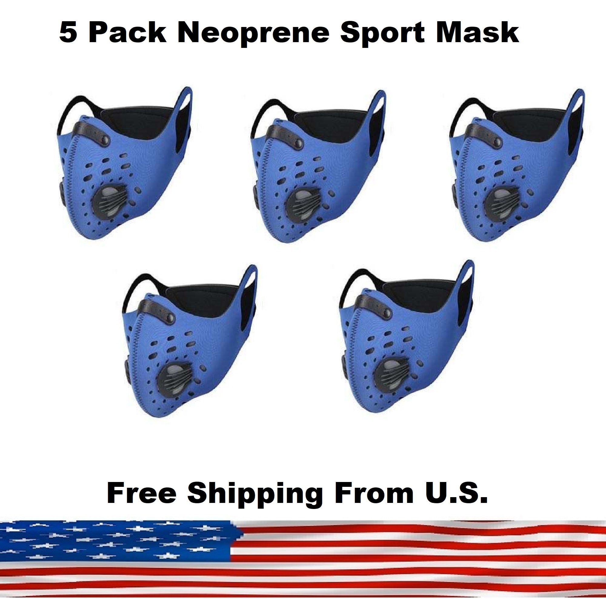 5 Pack Cycling Sport Mask with Protective 5 Layer PM 2.5 Activated Carbon Filter & Breathing Valve - Reusable and Washable - Nose Clip