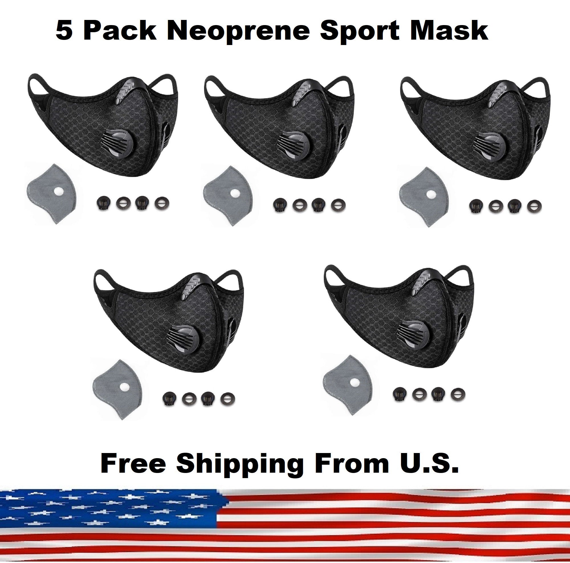 5 Pack Cycling Sport Face Mask with Protective 5 Layer PM 2.5 Activated Carbon Filter & Breathing Valve - Reusable and Washable - Nose Clip