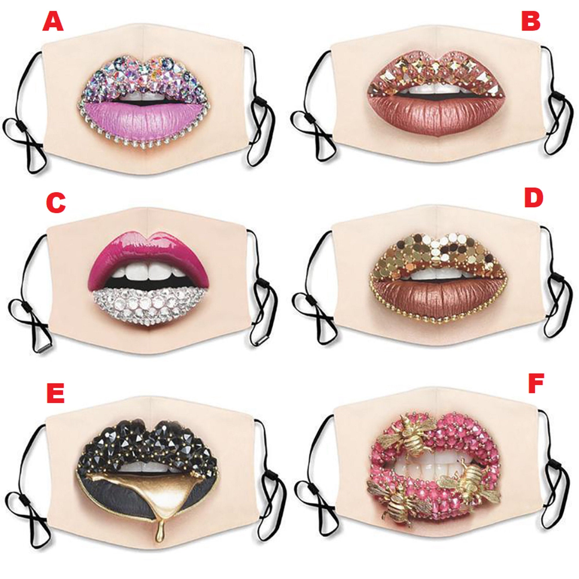 Digital printed Lip Design facial expression wacky lady face masks with pocket filter + 2 free filter - Original4u