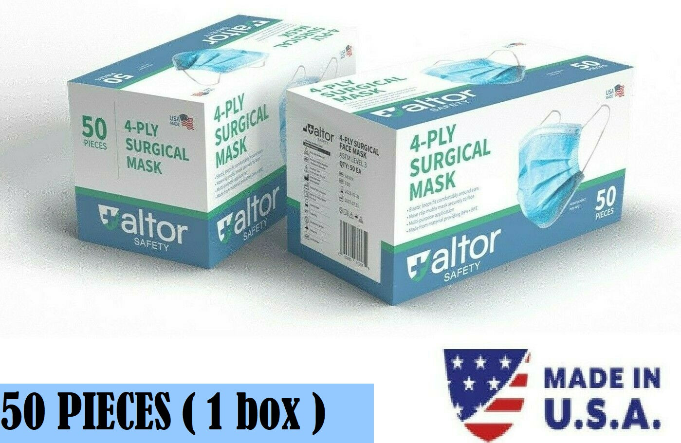 ALTOR 4PLY SURGICAL DISPOSABLE MASKS 98% BFE - ASTM LEVEL 3 - 50 Pieces - 62232 - MADE IN USA ✅